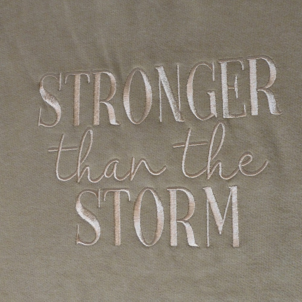 Love in Faith Womens Sweatshirt L Tan Stronger Than The Storm Christian Core